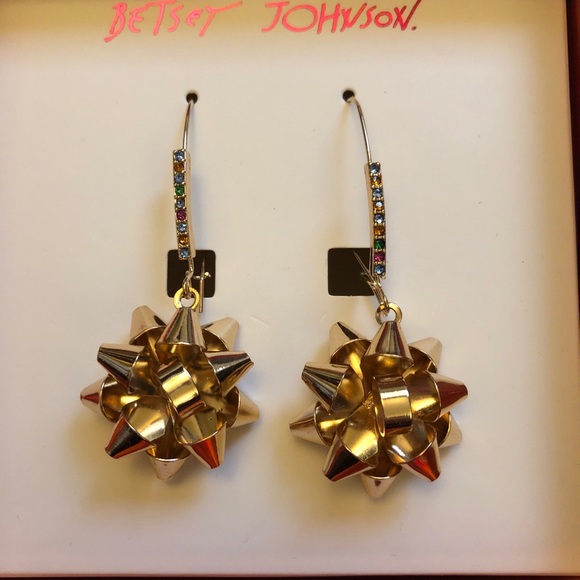 Betsey Johnson Gold Tone Metal Bow Drop Earrings Crystal Accents NIB - Picture 6 of 13